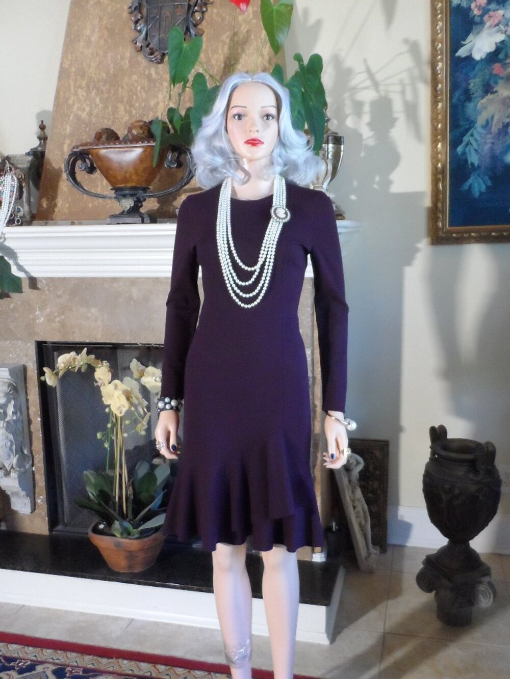 Akris Punto Plum Purple Flounce Hem Sheath Dress Size 4